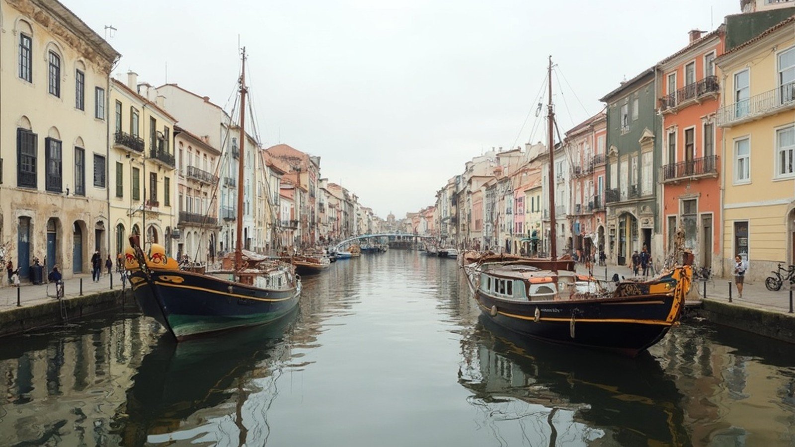 Colorful moliceiro boats on the central canal of Aveiro at sunrise