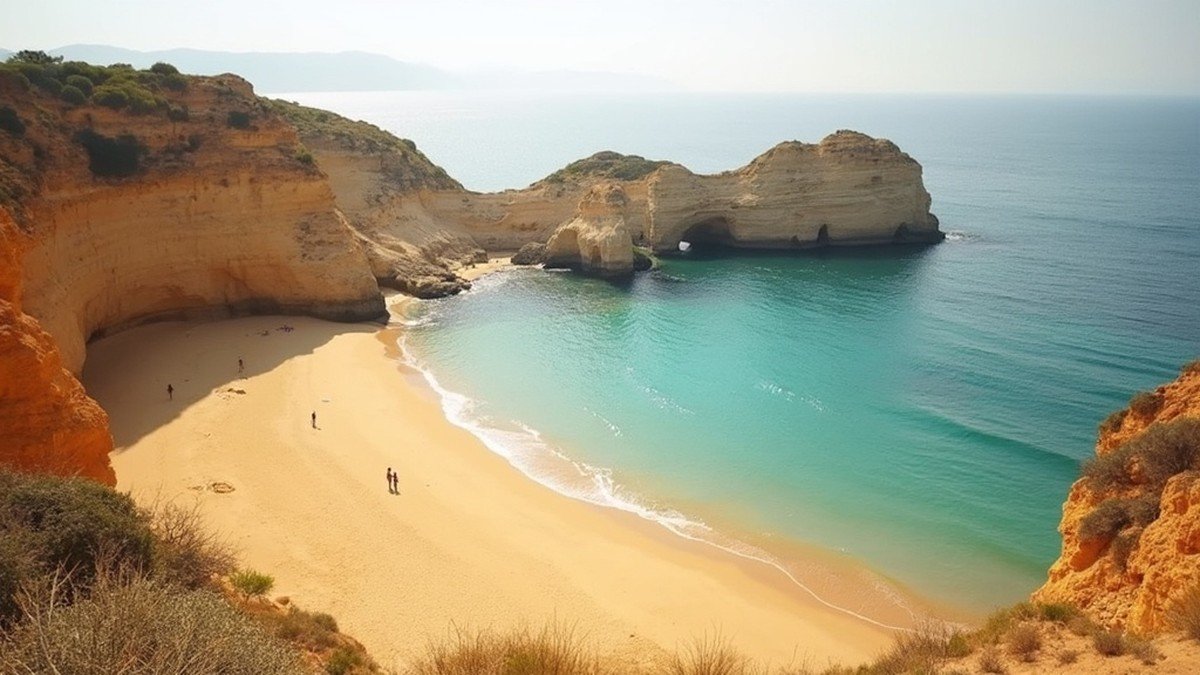 Soft spring light on a quiet golden Algarve cove with calm turquoise water and limestone cliffs, the gentle shoulder-season Portugal coast