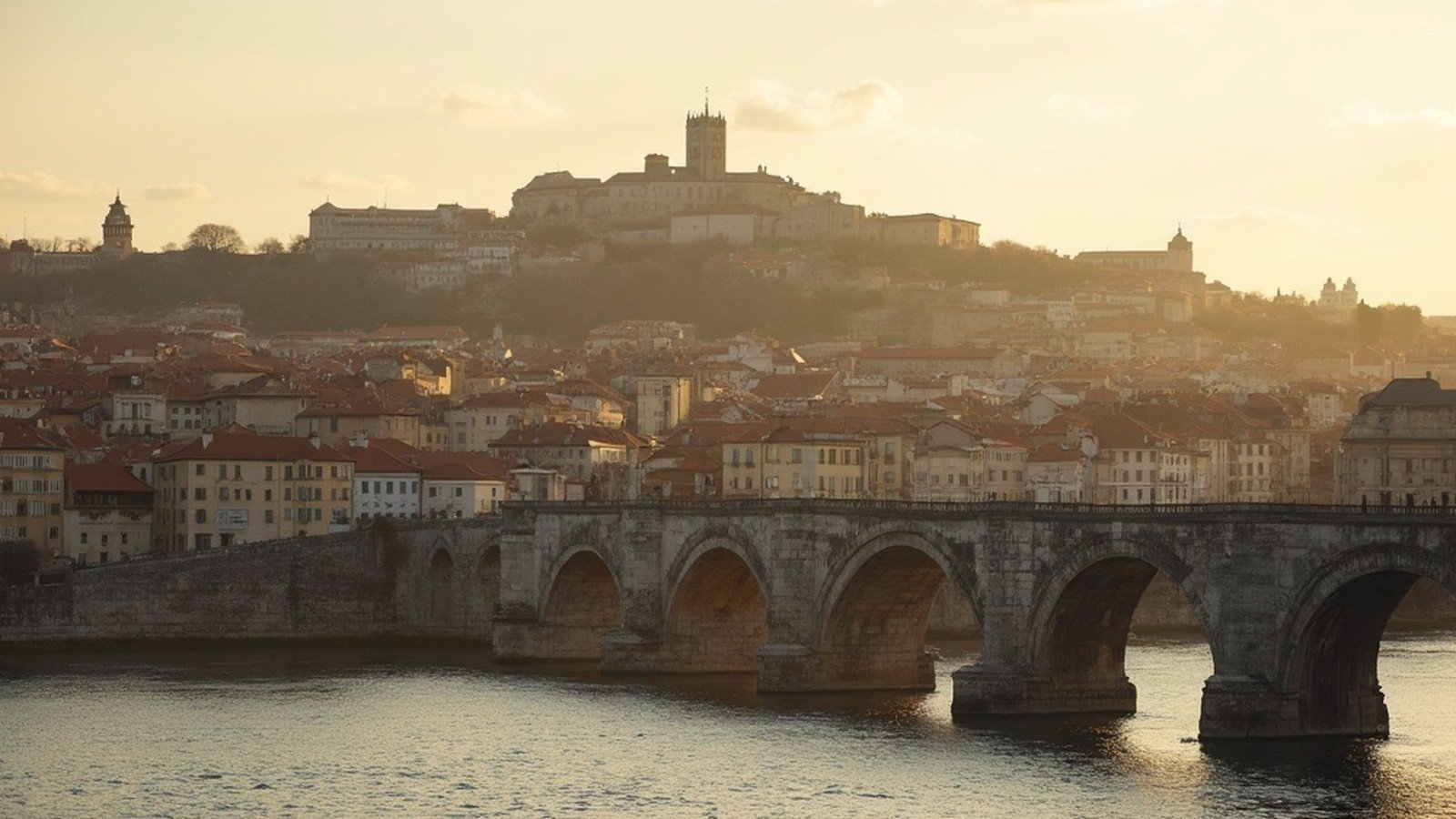 Historic University of Coimbra and Rio Mondego at golden hour