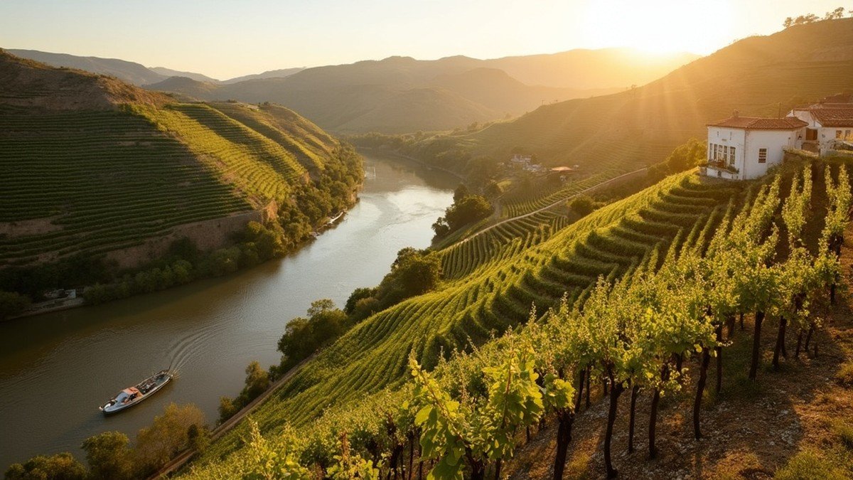 Terraced vineyards of the Alto Douro wine region stepping steeply down to the Douro river with a whitewashed quinta and a barco rabelo at golden hour, northern Portugal