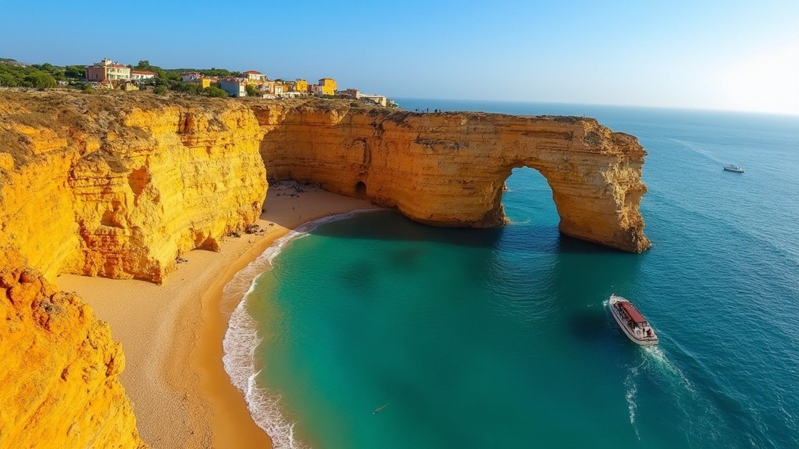 Ponta da Piedade ochre limestone cliffs and sea stacks rising from turquoise Atlantic water at golden hour, western Algarve