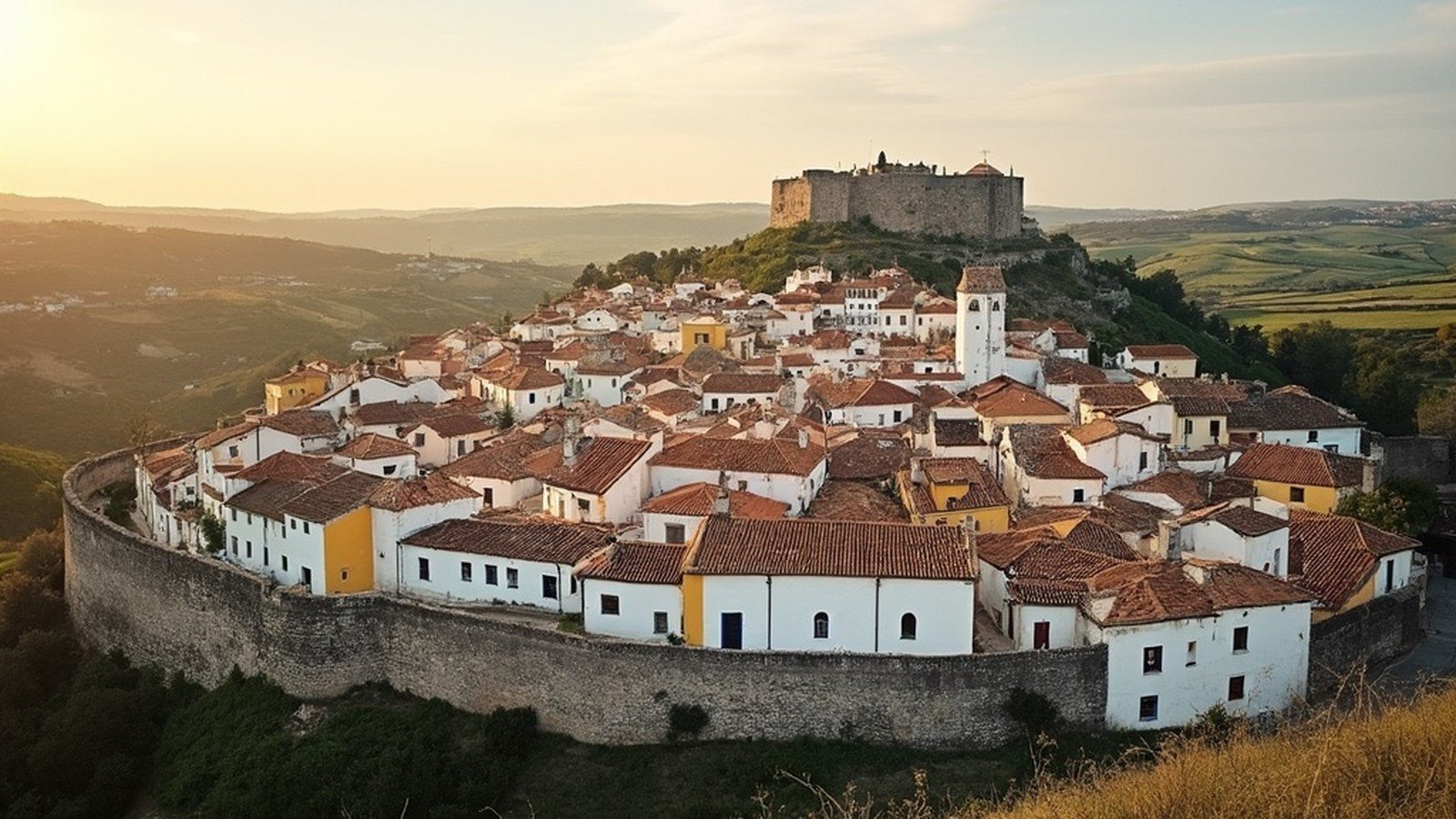 Intact medieval ramparts encircling whitewashed Óbidos walled town with the granite castle keep visible at the far end, central Portugal
