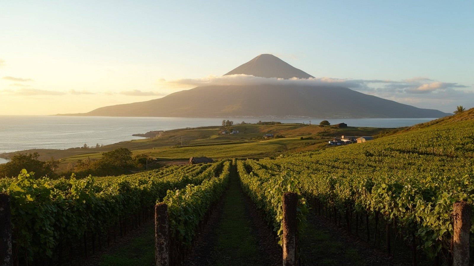 Mount Pico stratovolcano cone rising 2351 meters above the UNESCO lagido vineyard landscape on Pico island, Azores