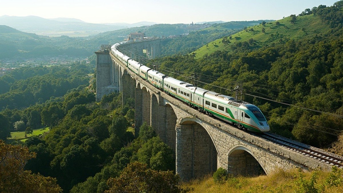 Green and white CP Alfa Pendular intercity train crossing a viaduct through green Portuguese countryside on the Lisbon to Porto line, morning light