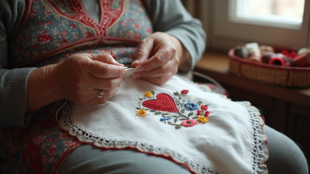Hands embroidering a white linen lenco dos namorados handkerchief with coloured cotton thread in red, blue and yellow, forming hearts and flowers, northern Portugal