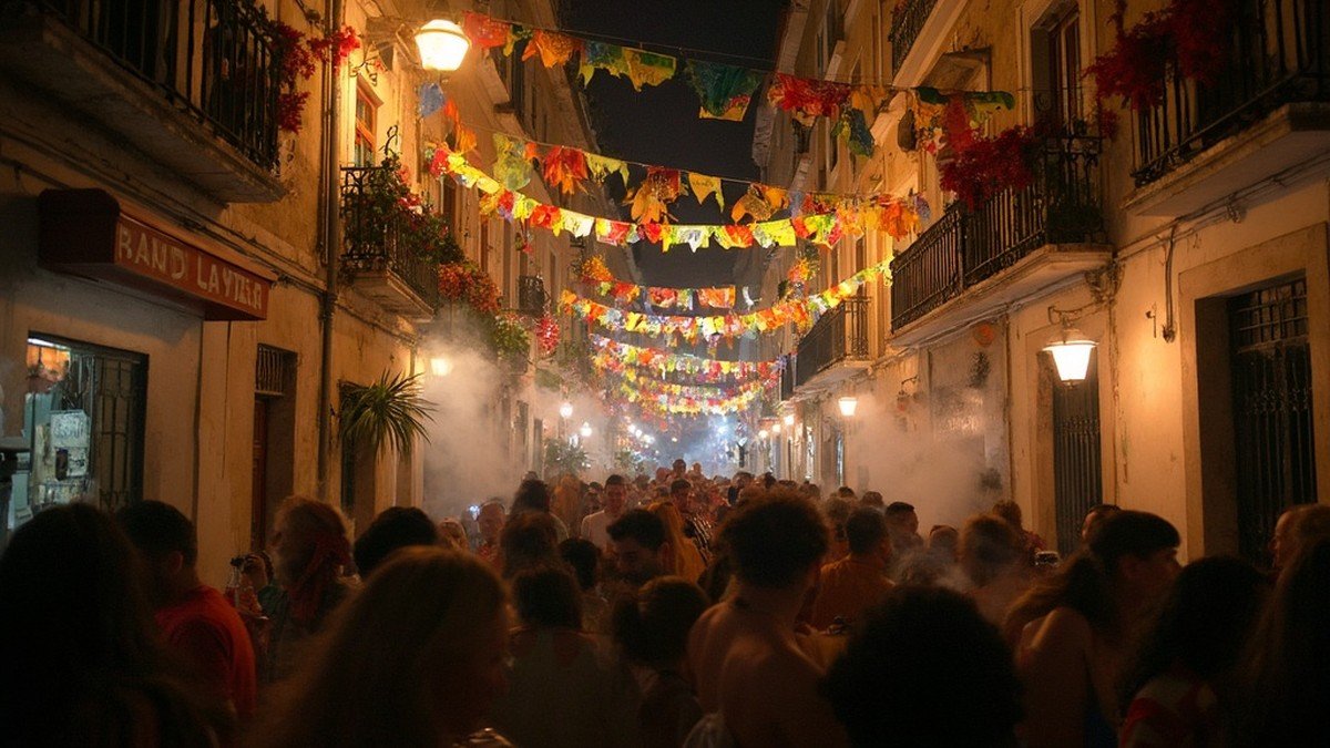 A narrow Alfama street in Lisbon at night during the Santo Antonio June festival with paper garlands overhead, crowds and smoke rising from a sardine grill, Portugal