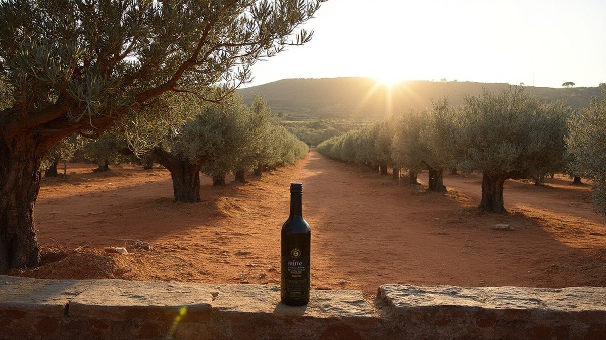 Ancient silver-green olive groves on red Alentejo earth at golden hour with a dark glass bottle of Portuguese extra virgin azeite on a low stone wall, Portugal