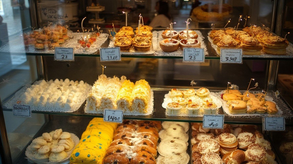 The glass counter of a traditional Portuguese pastelaria filled with custard tarts, ovos moles, almond cakes and egg-yolk convent sweets on metal trays, Portugal
