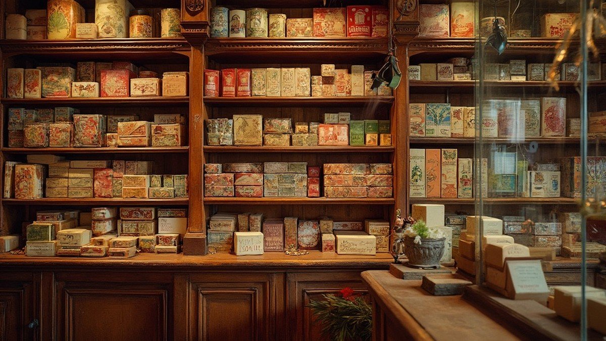 Shelves of Portuguese soap bars wrapped in ornate lithographed Art Deco paper in deep reds, golds and greens inside a historic soap shop in Porto, Portugal