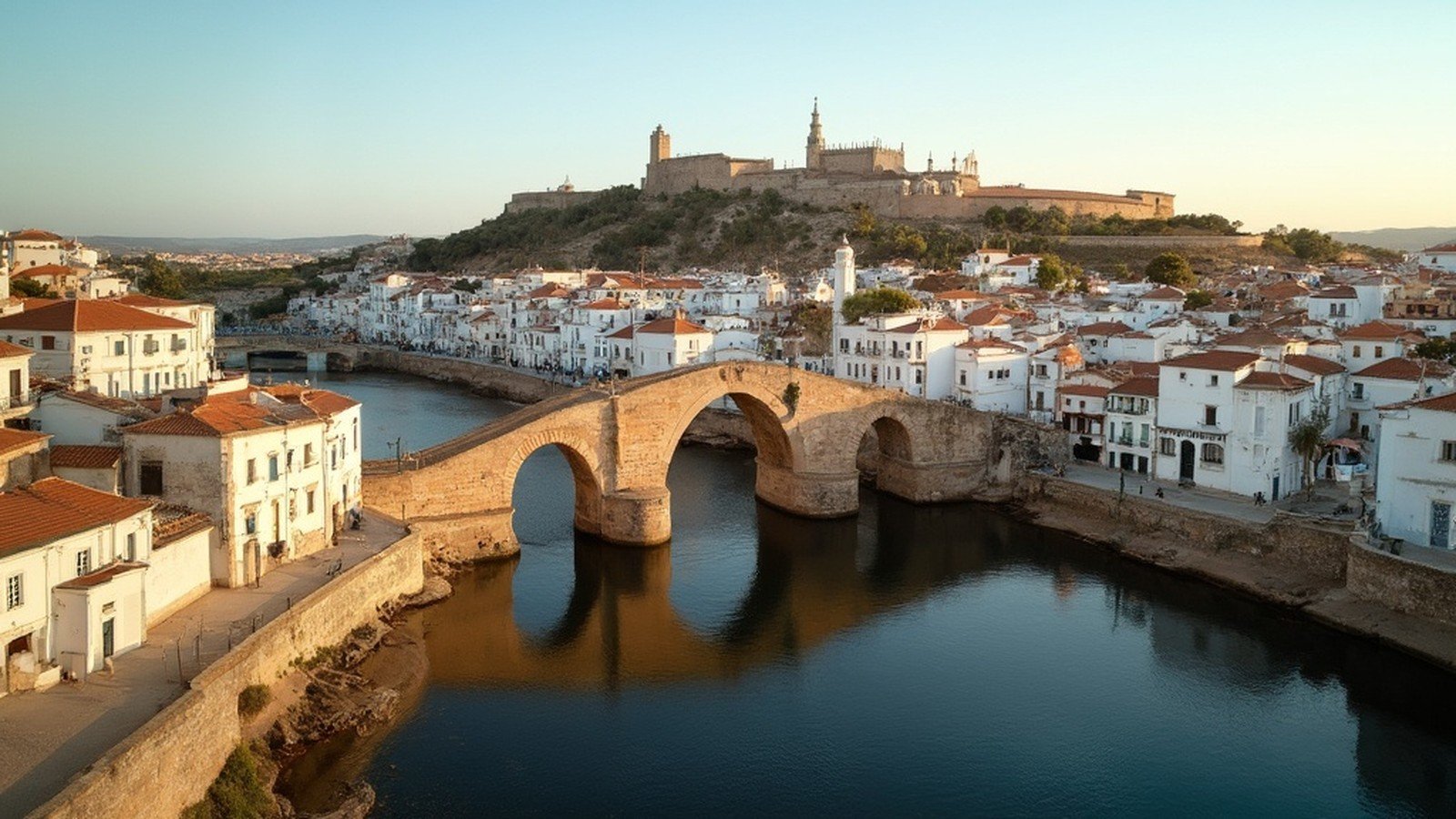 Tavira Ponte Romana seven-arched stone bridge crossing the Gilão river at golden hour with the historic centre and the bell tower of Igreja de Santa Maria do Castelo on the far hill, eastern Algarve
