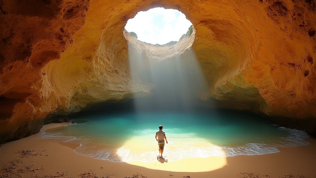 The Benagil sea cave with its natural domed opening to the sky and a small golden sand beach reached through a turquoise grotto, Algarve coast Portugal