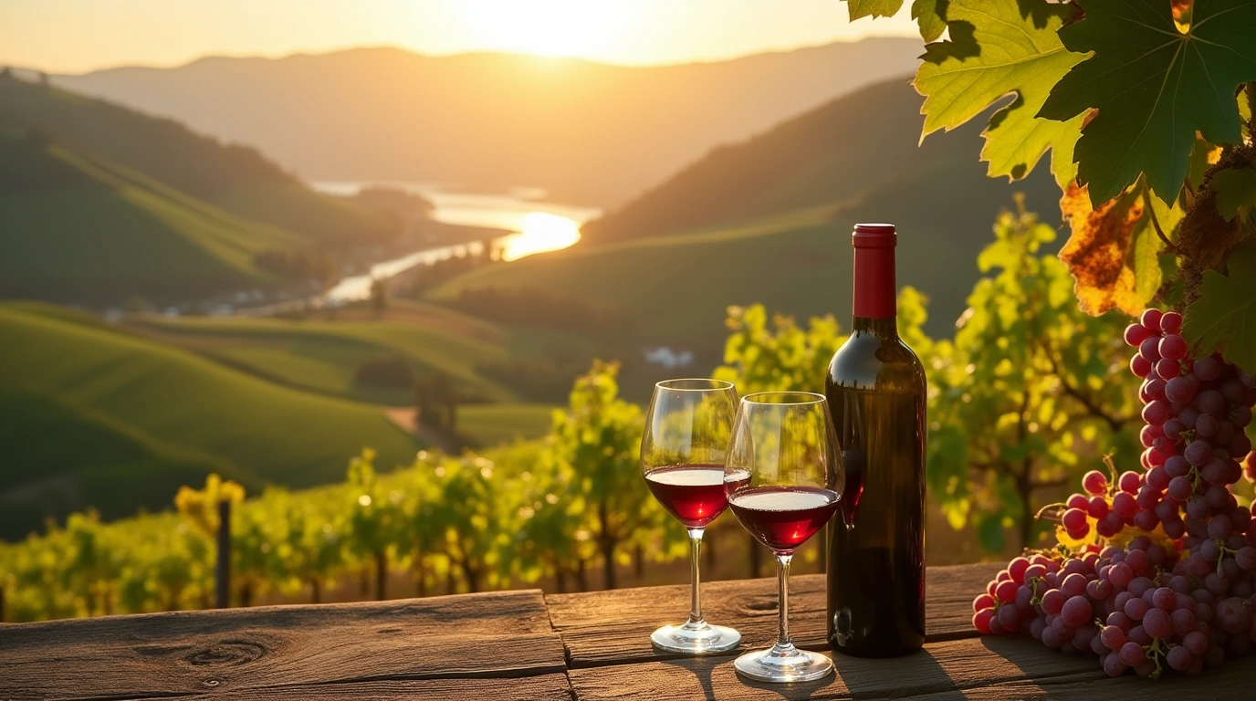 Sunlit vineyard in the Douro Valley with red blend wine. Red Blend Portugal