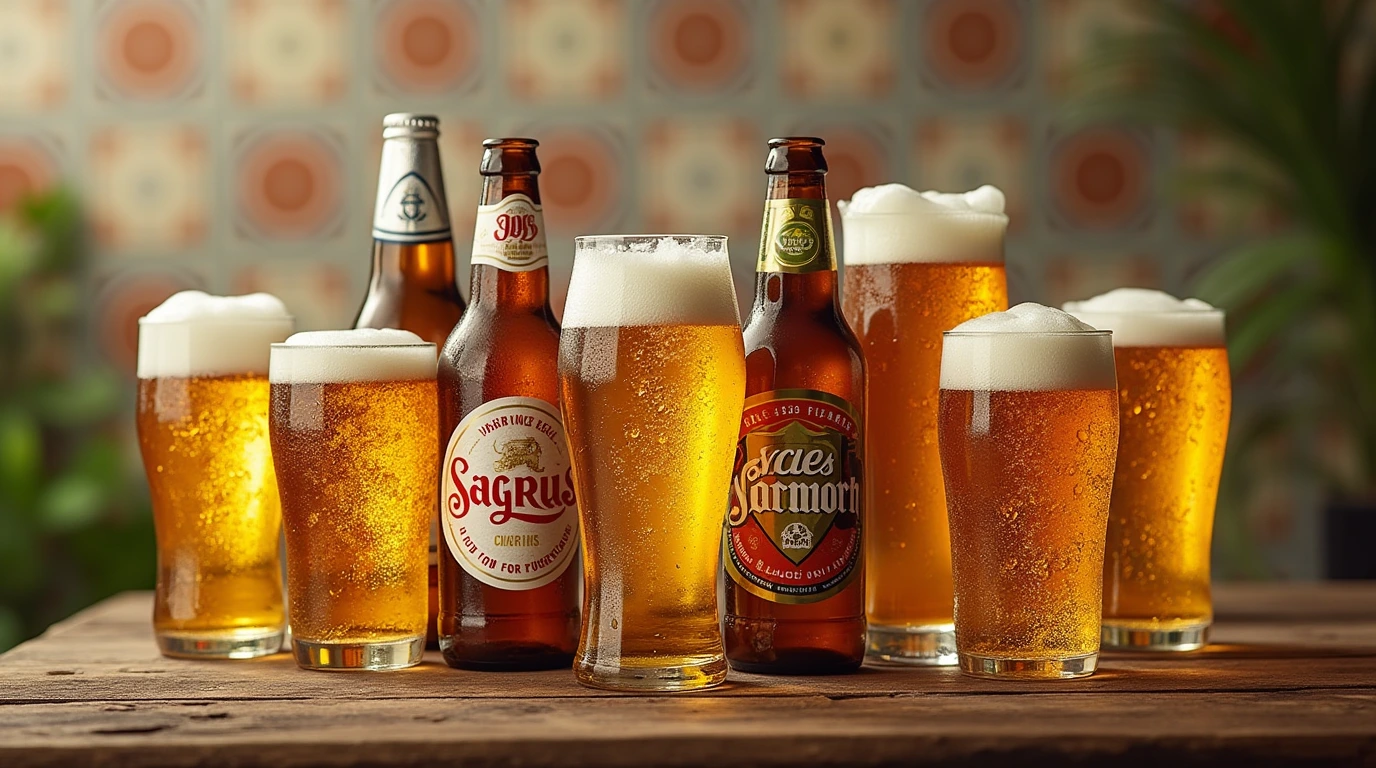 Assortment of Portuguese beers on a wooden table. Portugal Beer