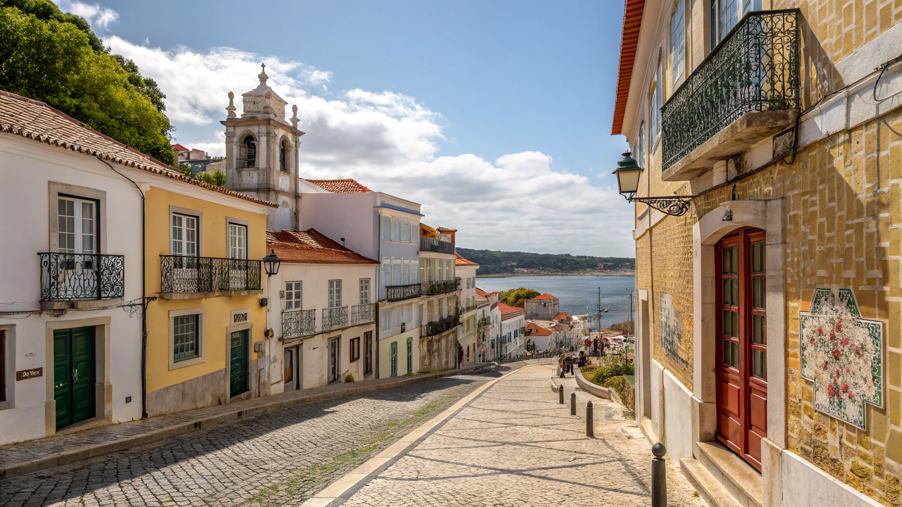 A scenic view of Setúbal, Portugal, showcasing the Sado River, Arrábida Natural Park mountains, and traditional boats docked along the waterfront under a sunny sky.