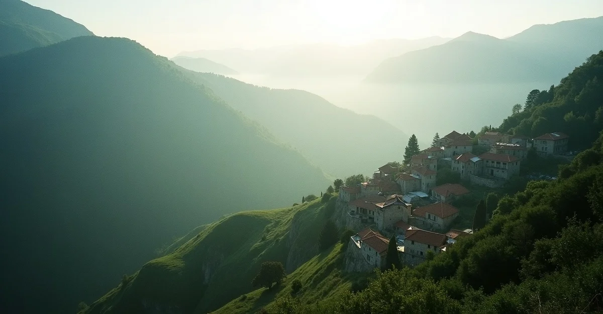 Misty dawn view of a granite mountain valley in Peneda-Gerês National Park Portugal with ancient stone village
