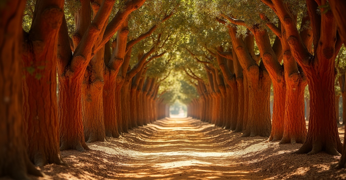 Cork oak forest in Alentejo Portugal with stripped red-orange trunks and dappled afternoon light