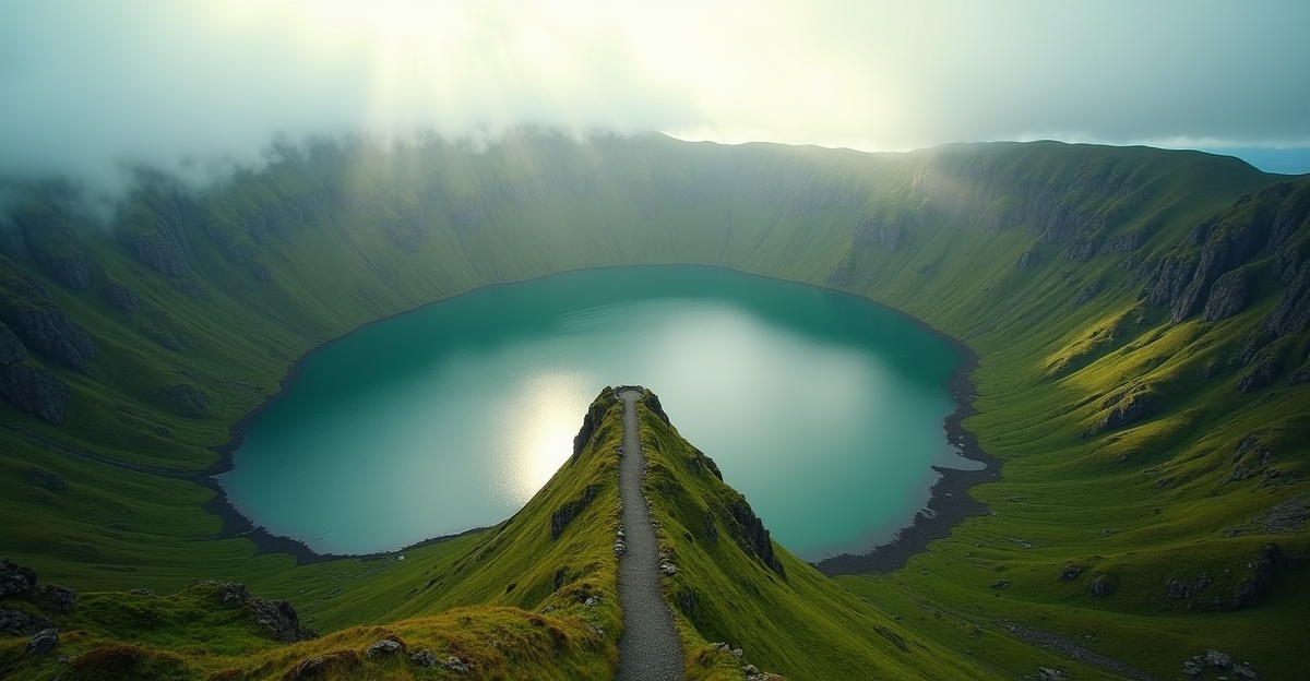 Volcanic crater lake Sete Cidades in the Azores Portugal with emerald green water surrounded by lush green hills